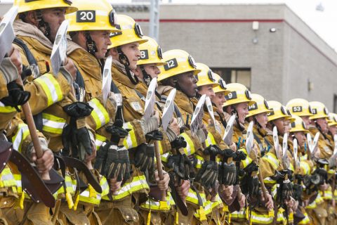 Line of Fire Fighters in Full Gear